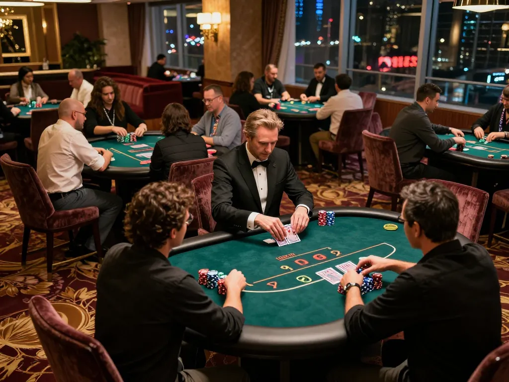 Các người chơi tham gia vào trò chơi chiến lược tại bàn poker, trình bày liên kết m88 trong không gian casino sang trọng.