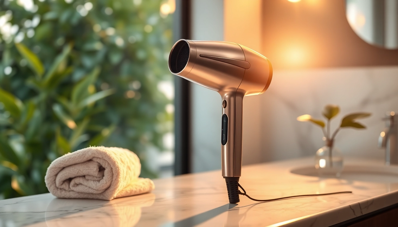Styling hair with a hair dryer for fine hair in a elegant bathroom.
