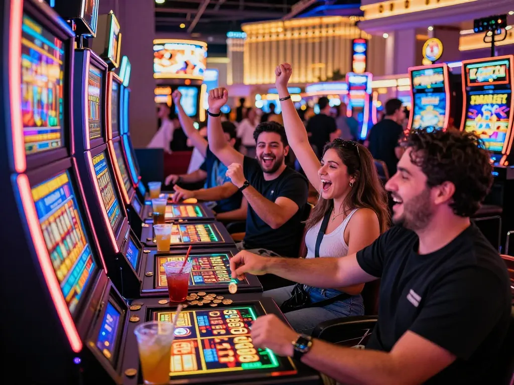 Sekelompok teman merayakan kemenangan di mesin link slot di kasino Las Vegas, lampu yang cerah dan suasana meriah.