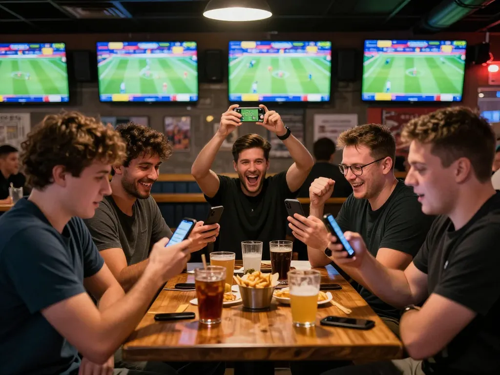Patrons engaging in spirited discussions at a sports betting bar while utilizing siti scommesse stranieri legali apps.