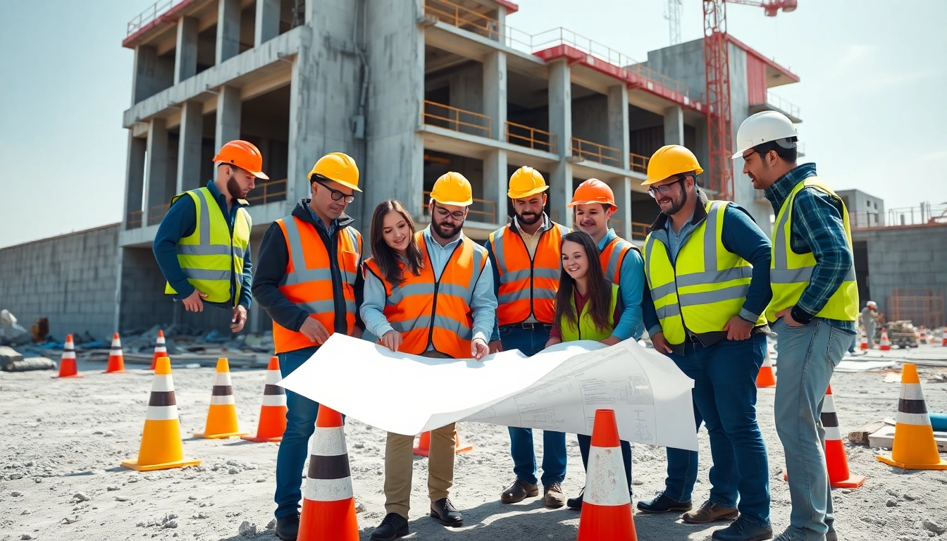 Workers practicing construction site safety while collaborating on a blueprint onsite.