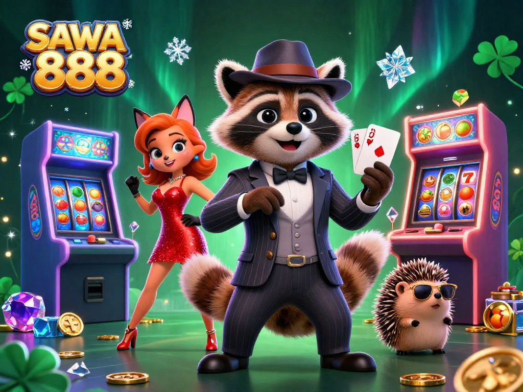 Experience exciting gameplay at SAWA 888 with our charming raccoon character winning holding a royal flush.