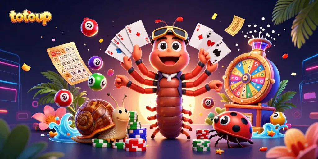 Experience the excitement of playing totoup with colorful lottery elements and dynamic casino characters.