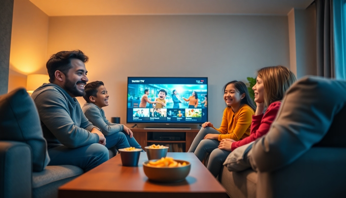 Experience family entertainment through Suisse IPTV with a modern smart TV and a cozy living room.