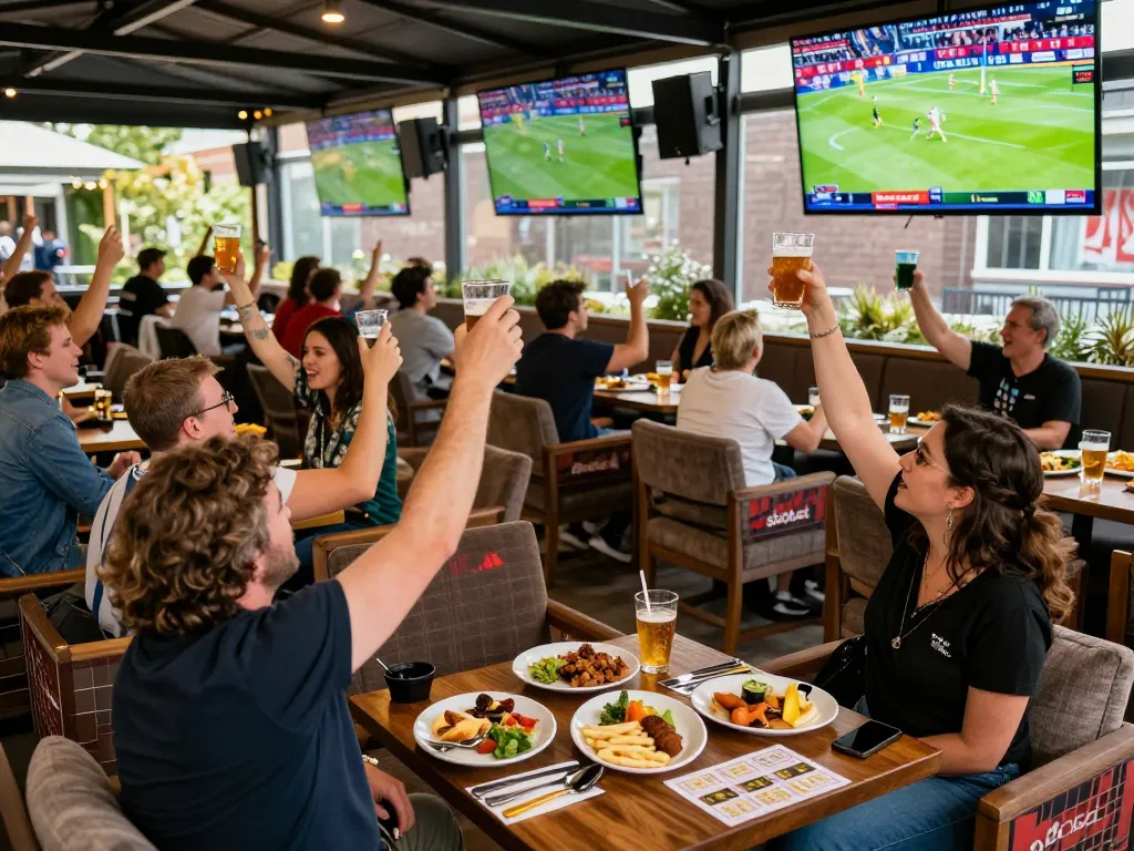 Sbobet sports bettors cheering in an outdoor bar during a live event, creating a lively atmosphere