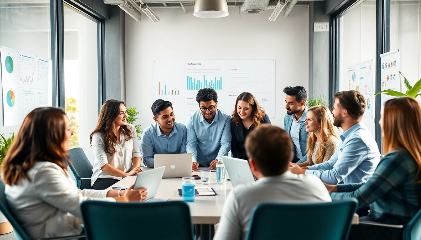 Social media agency team collaborating on digital strategies in a modern office.