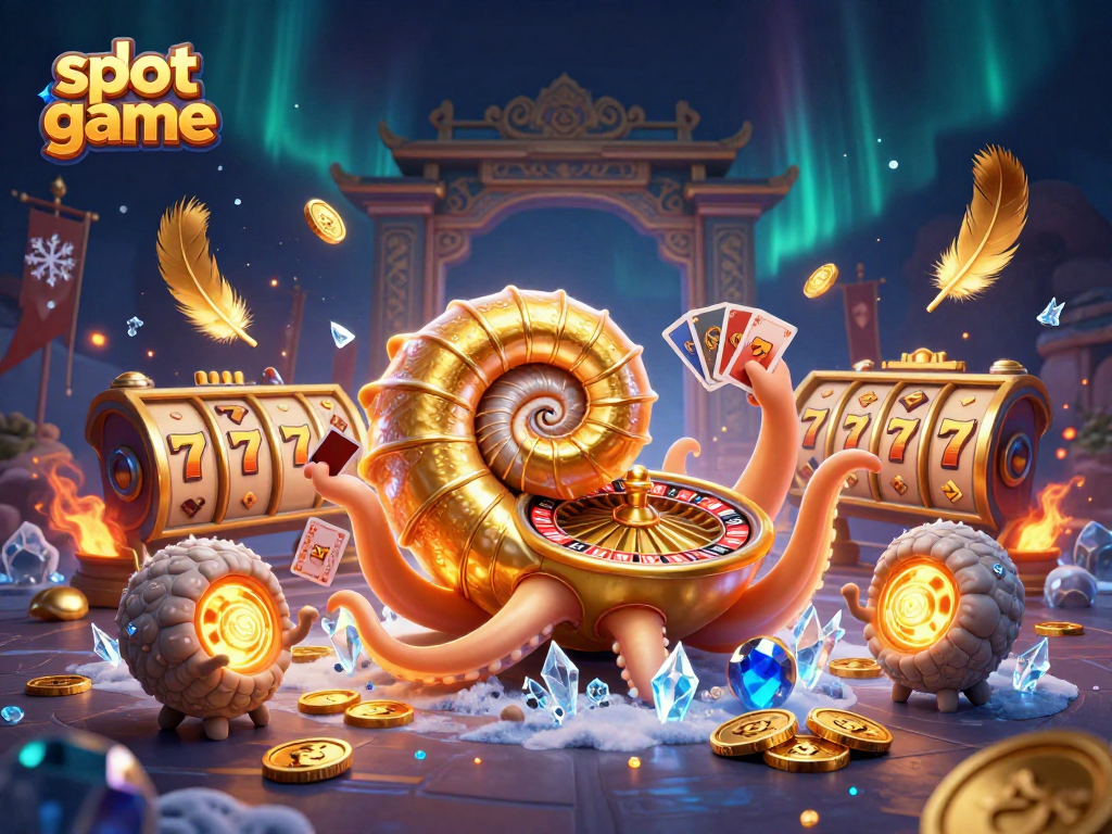 Engage in an exciting slot game scene featuring a giant nautilus and glowing ammonites amidst vibrant casino elements.