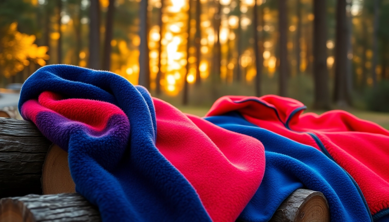 Fleece stof in verschillende texturen en kleuren, gehangen in een mooie bosomgeving.