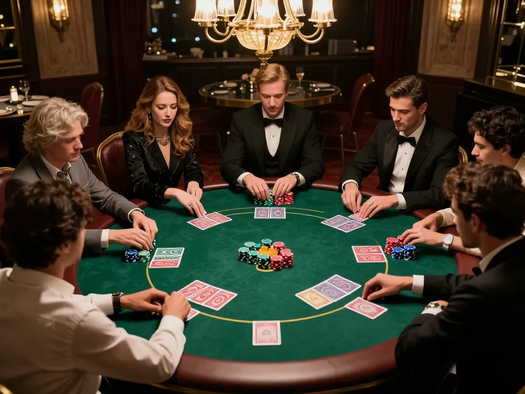 Engaging poker players at a classy game night, showcasing MB88 LINK action.