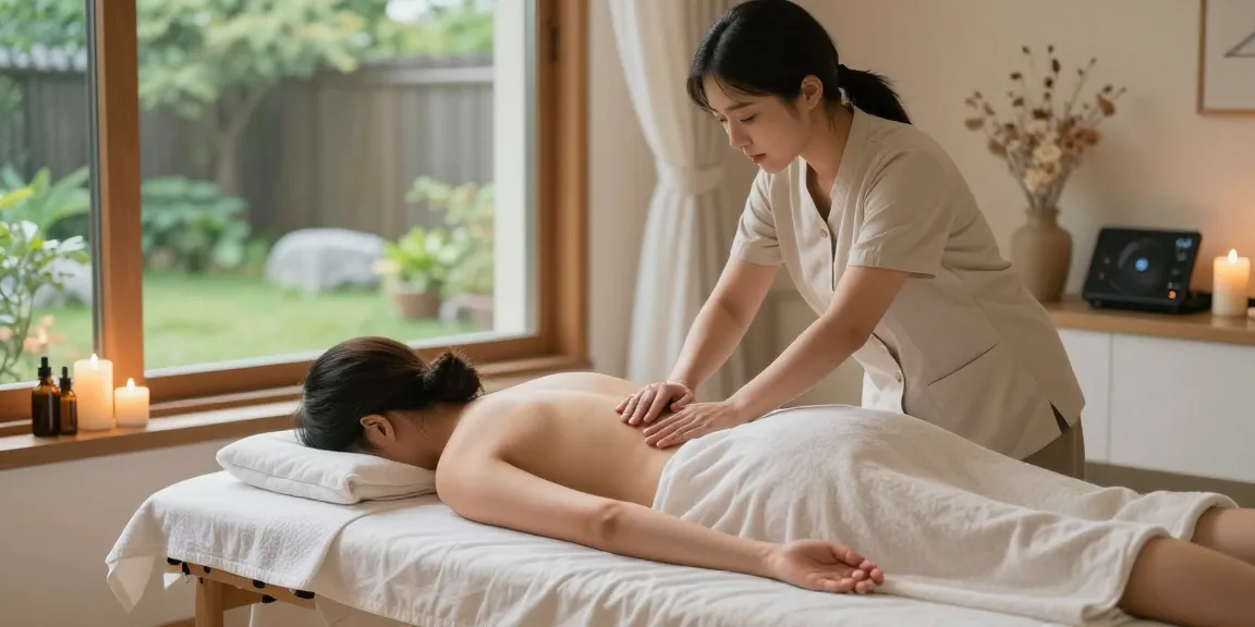 성북구출장마사지 중인 마사지사와 편안한 고객의 모습, 아늑한 분위기와 자연 채광이 가득한 공간