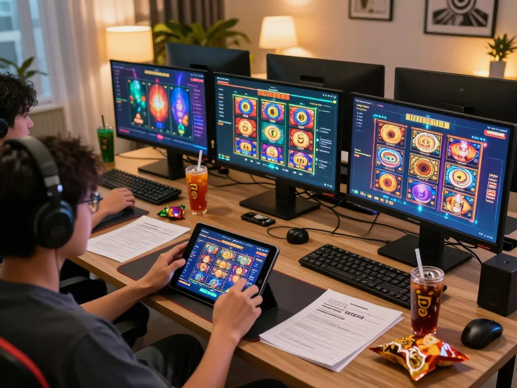 Engaging moment of playing judi slot on tablet with colorful interfaces and strategy notes.