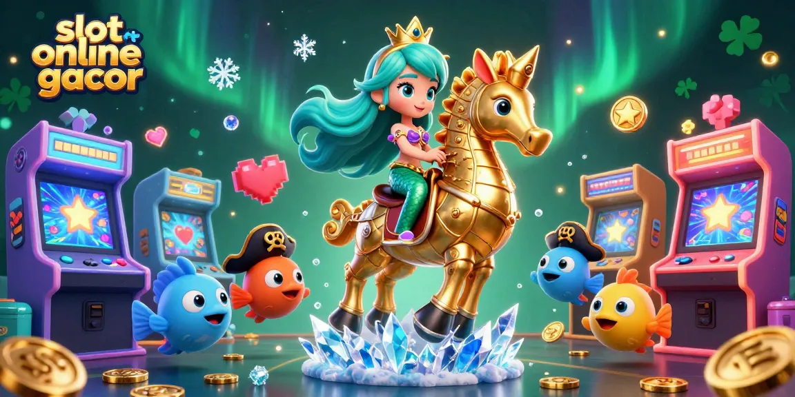 Engage with slot online gacor in this colorful underwater casino scene featuring a mermaid princess and her seahorse.