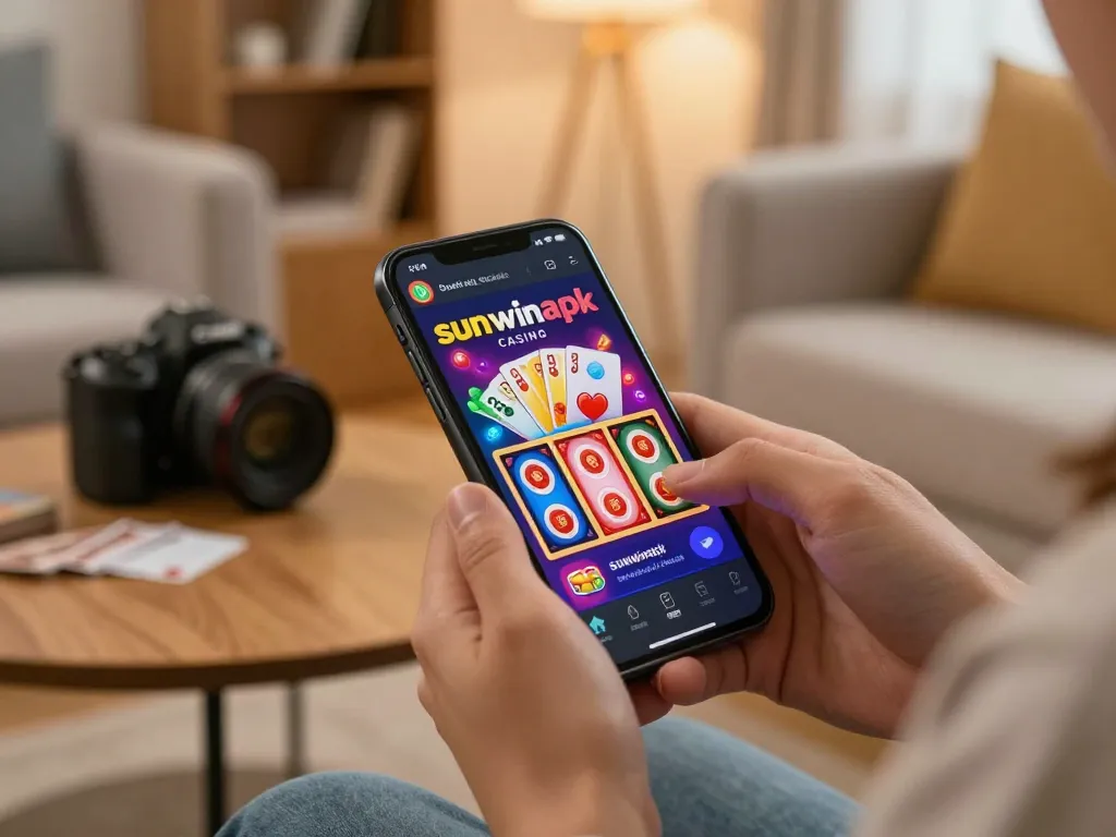 Engaging with the sunwinapk casino app on a smartphone in a cozy home setting, showcasing responsible gaming.