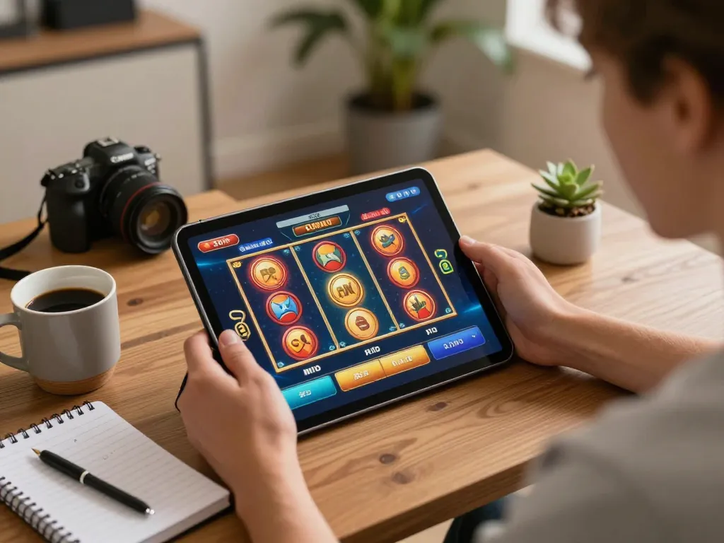 Experience exciting gameplay at KK55 with engaging slot games on a tablet in a cozy home setting