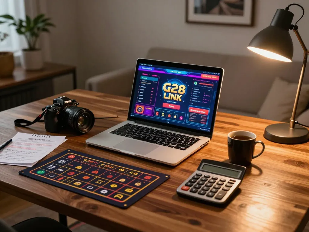 Engaging with the G28 LINK online gaming interface on a cozy setup, showing strategic notes.