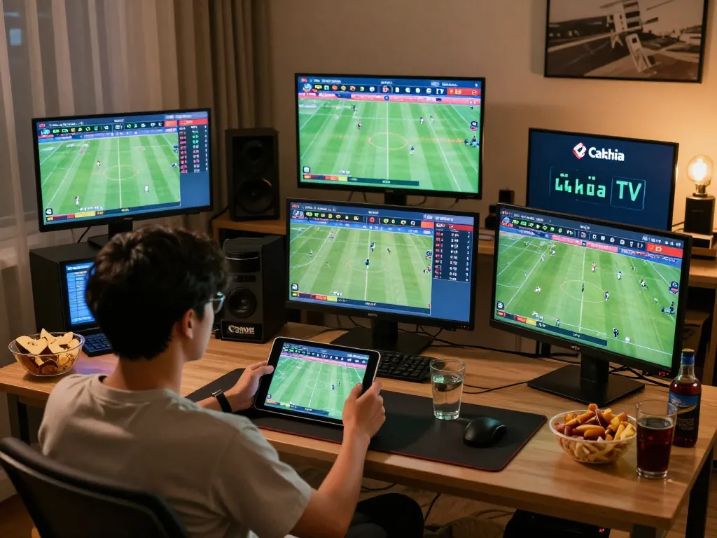 Cakhia TV user placing bets on a tablet in a cozy living room.