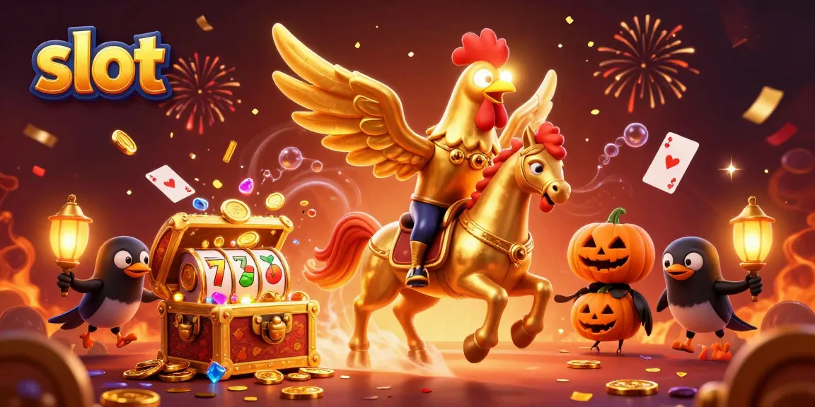 Putaran slot dengan simbol keberuntungan di kasino malam disertai karakter kartun 3D.