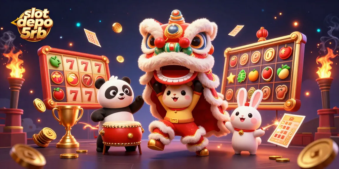 Experience thrilling wins with slot depo 5rb in a dynamic casino-themed 3D illustration.