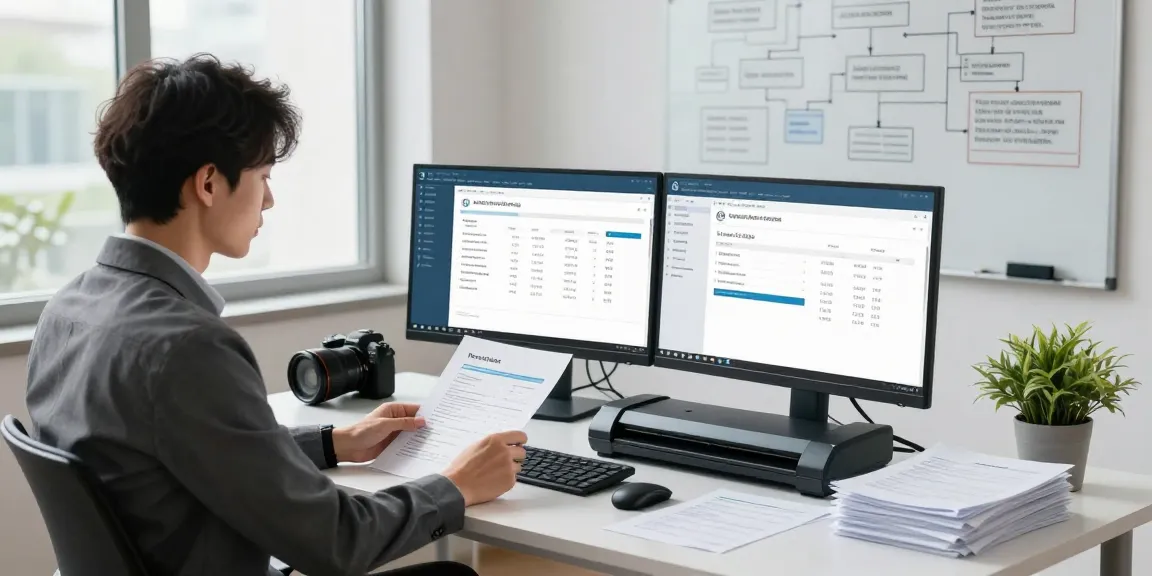 Professional analyzing invoices at a desk, utilizing AI to detect fake invoice authenticity in a modern office setting.
