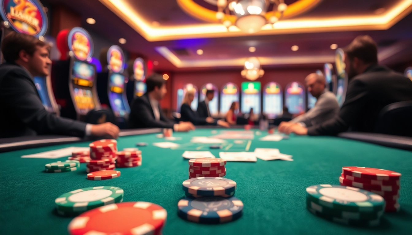 Permainan kasino pakde4d menampilkan pemain yang antusias dan tumpukan chip yang menarik.