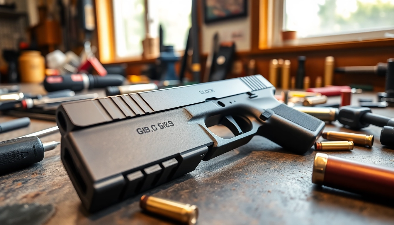 Buy Glock 17 MOS slide displayed prominently with precision tools in a bright setting.
