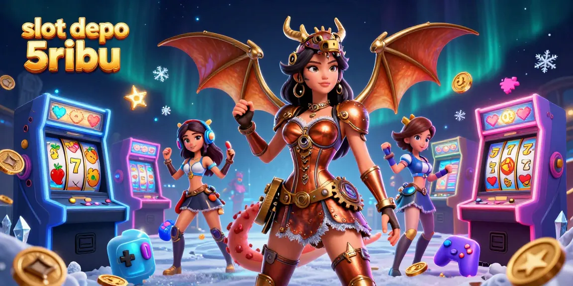 Experience the excitement of slot depo 5ribu with dynamic 3D casino illustrations featuring spinning reels and engaging game elements.