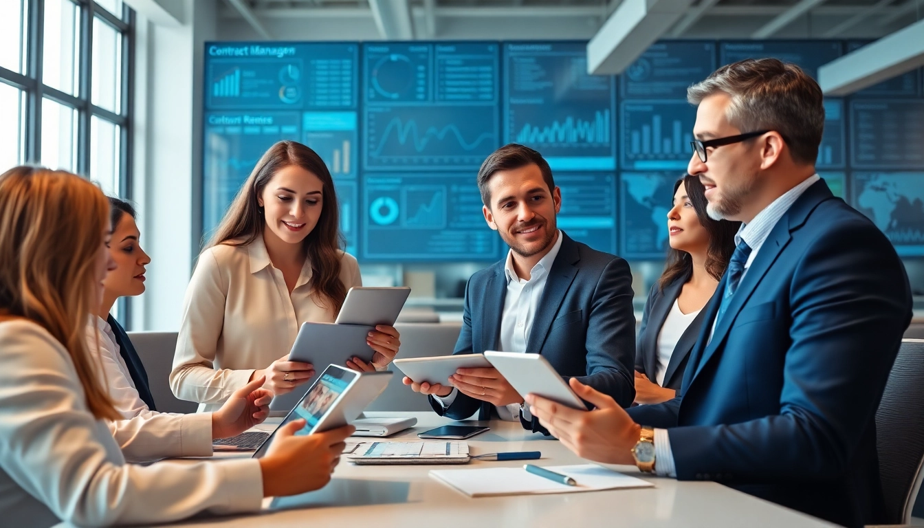 Streamlined contract management process with professionals analyzing data and engaging in discussion.