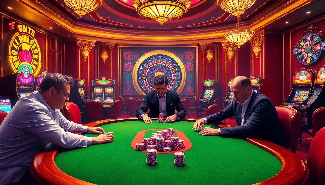Engaging scene with gamblers at a vibrant casino table, showcasing thabet com experience.