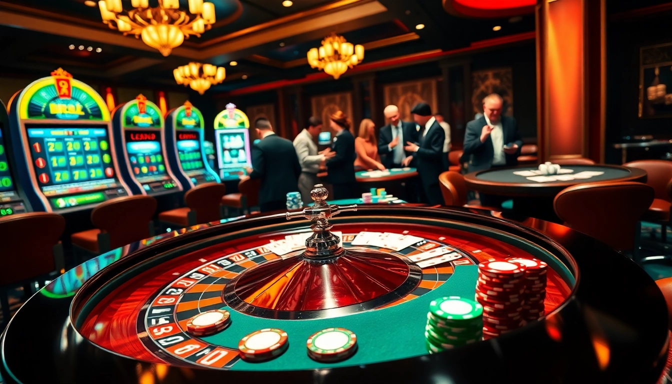 Scène captivante de joueurs pariant dans un casino en ligne fiable avec une table de roulette et des jetons de poker.