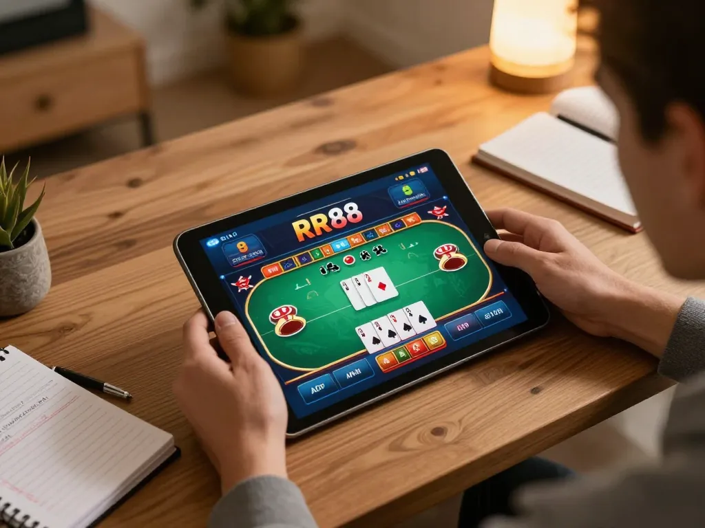 Playing poker online at https://rr88k1.com/ with vibrant interface and focused atmosphere.