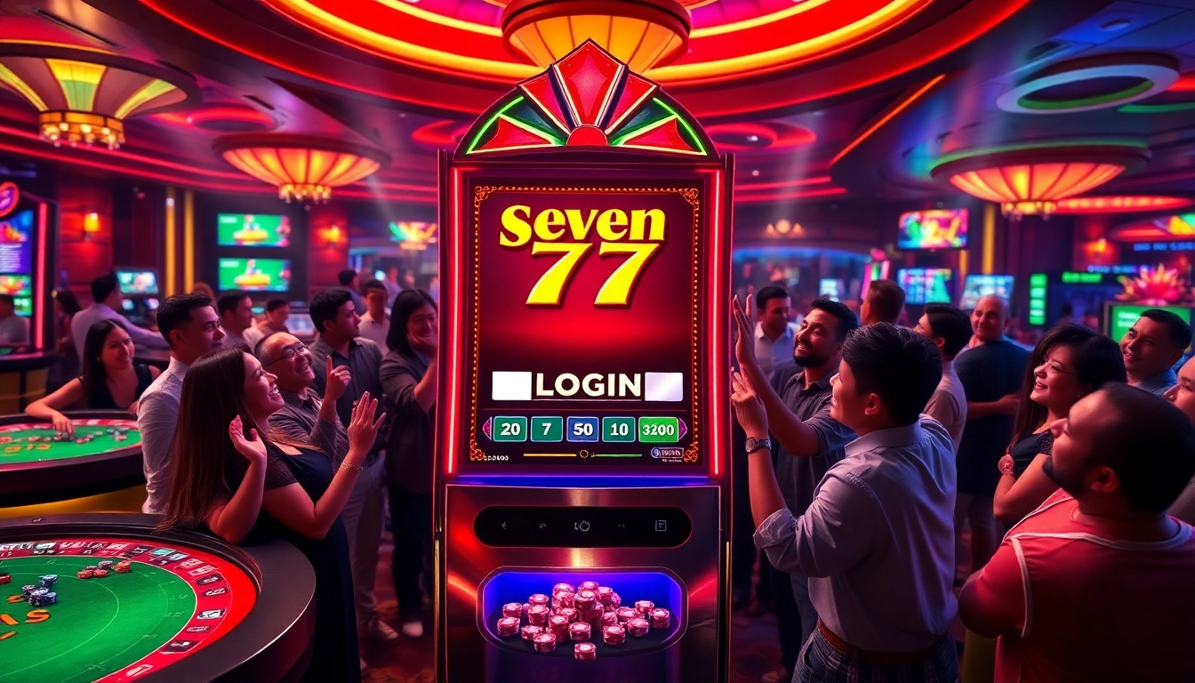 Engage with seven 77 slot login on a vibrant gaming machine surrounded by excited players and casino elements.