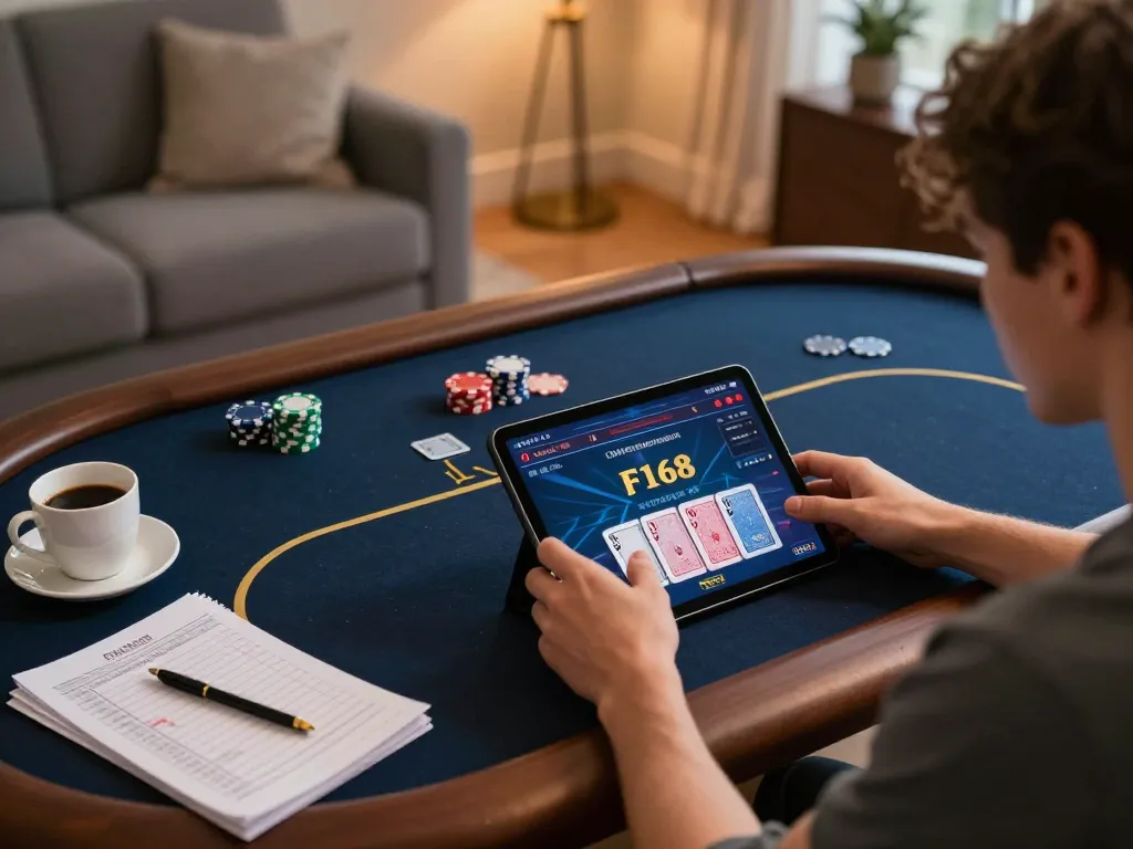 F168 player engaging in online poker with strategy notes in a cozy environment.