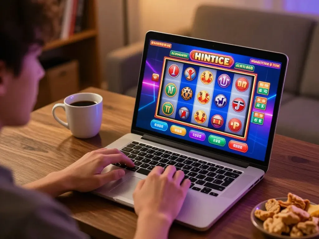 Engaging in responsible online gambling with open88 on a laptop in a warm home setting