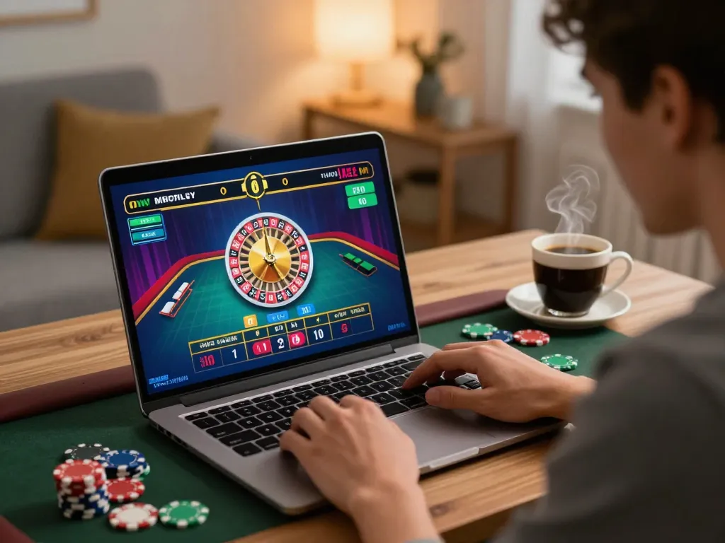 Player enjoying online casino gaming at home with da88 app on laptop during live roulette game