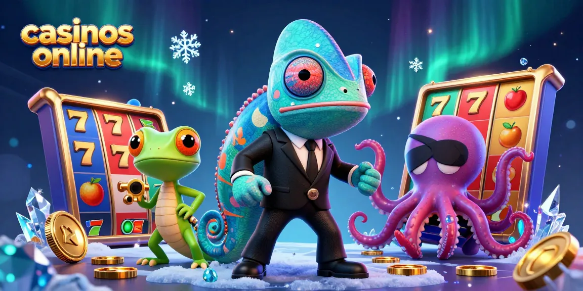 Disfruta de los mejores juegos en casinos online con un agente secreto y un gecko tecnológico en un entorno vibrante.