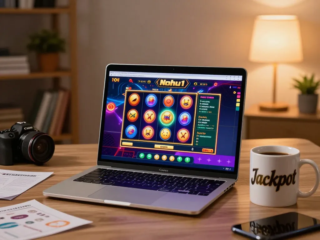 Nohu1 players engaging with an online slot game on a stylish laptop, showcasing an inviting and strategic gaming environment.