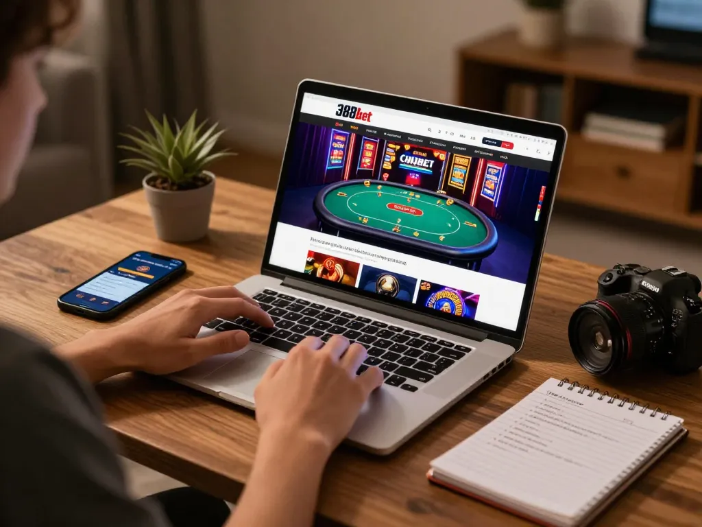 Engaged player exploring 388bet gaming options on a laptop with poker game display.
