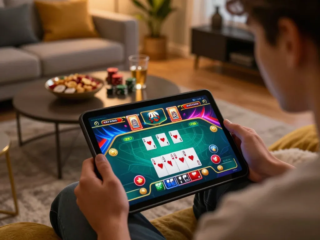 Dewapoker user enjoying strategic online gameplay on tablet in cozy home setting