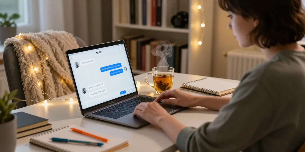Person interacting with an NSFW chat bot in a cozy home office.