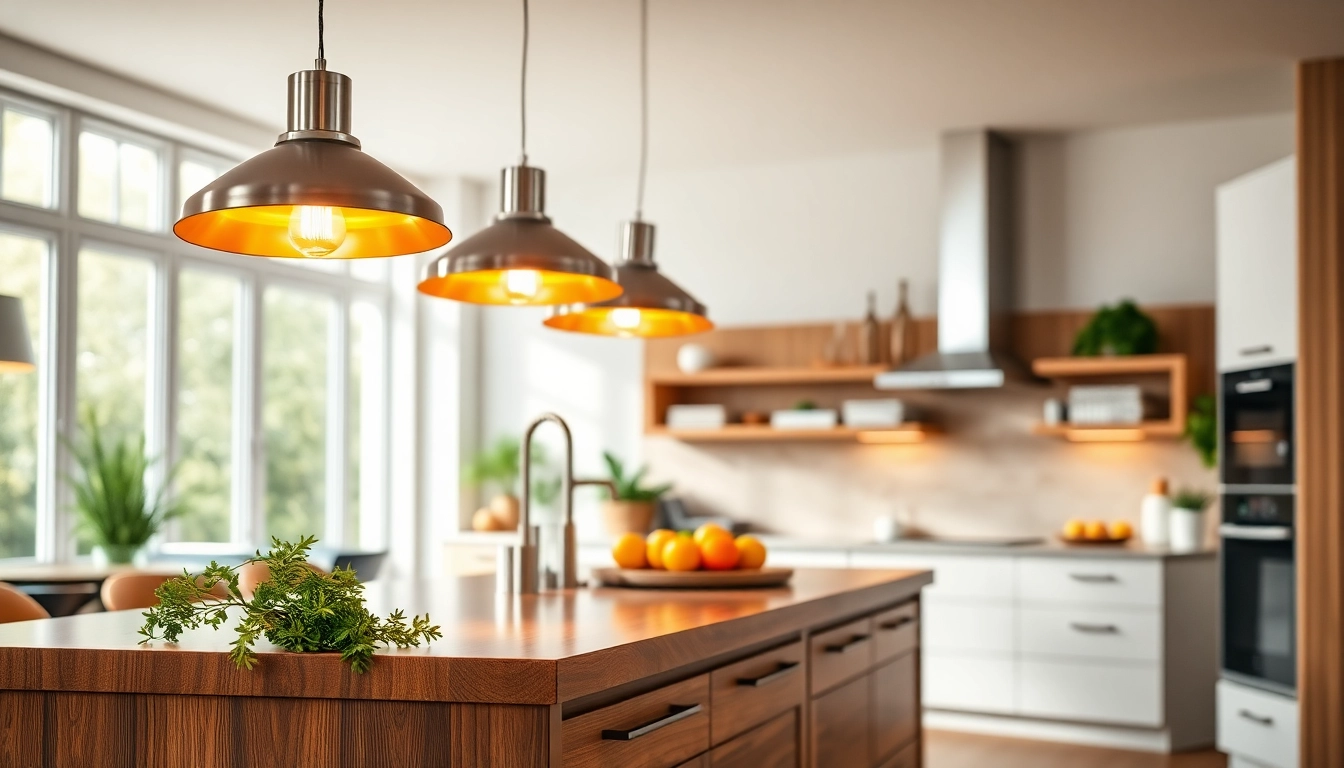 Stylish island light fixtures illuminating a modern kitchen countertop with vibrant decor.