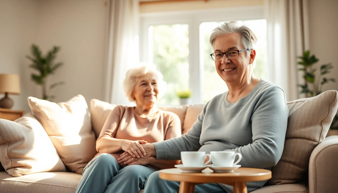 Engaging scene showcasing in home care for seniors with caregivers assisting elderly individuals in warm settings.