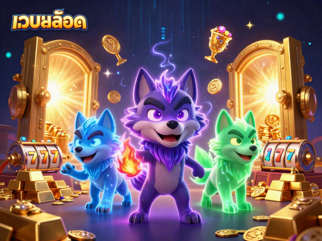 Experience thrilling สล็อต gaming with our vibrant scene showcasing spectral wolves and treasures.