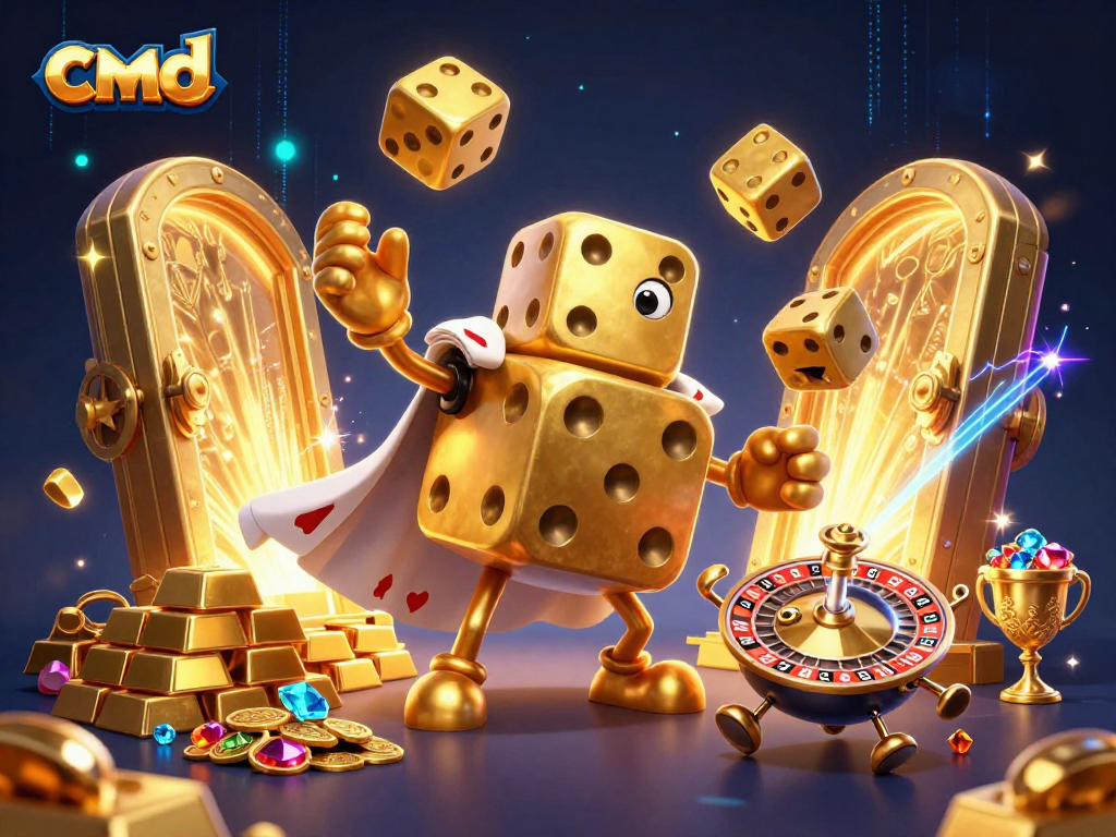 cmd dice golem juggles golden dice in a vibrant casino scene