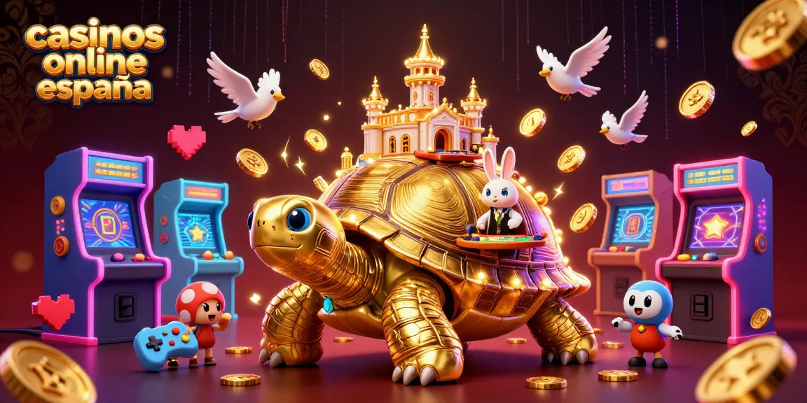 Disfruta de los casinos online España con una ilustración de una tortuga dorada y un crupier innovador.