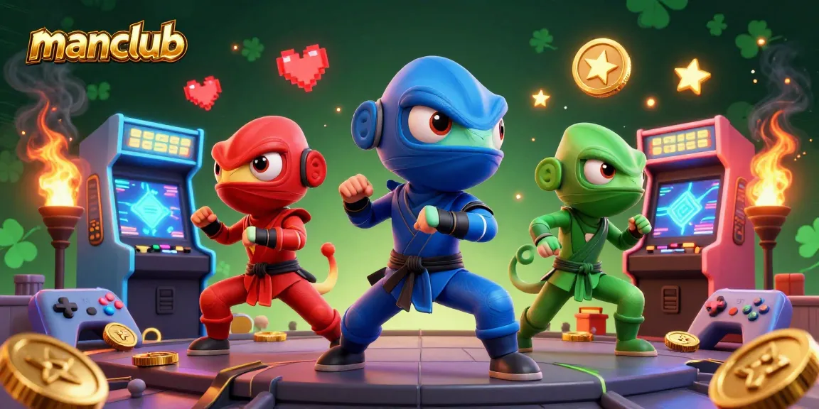 Engage in thrilling gaming excitement at manclub with a 3D ninja chameleon team surrounded by vibrant slot and arcade elements.
