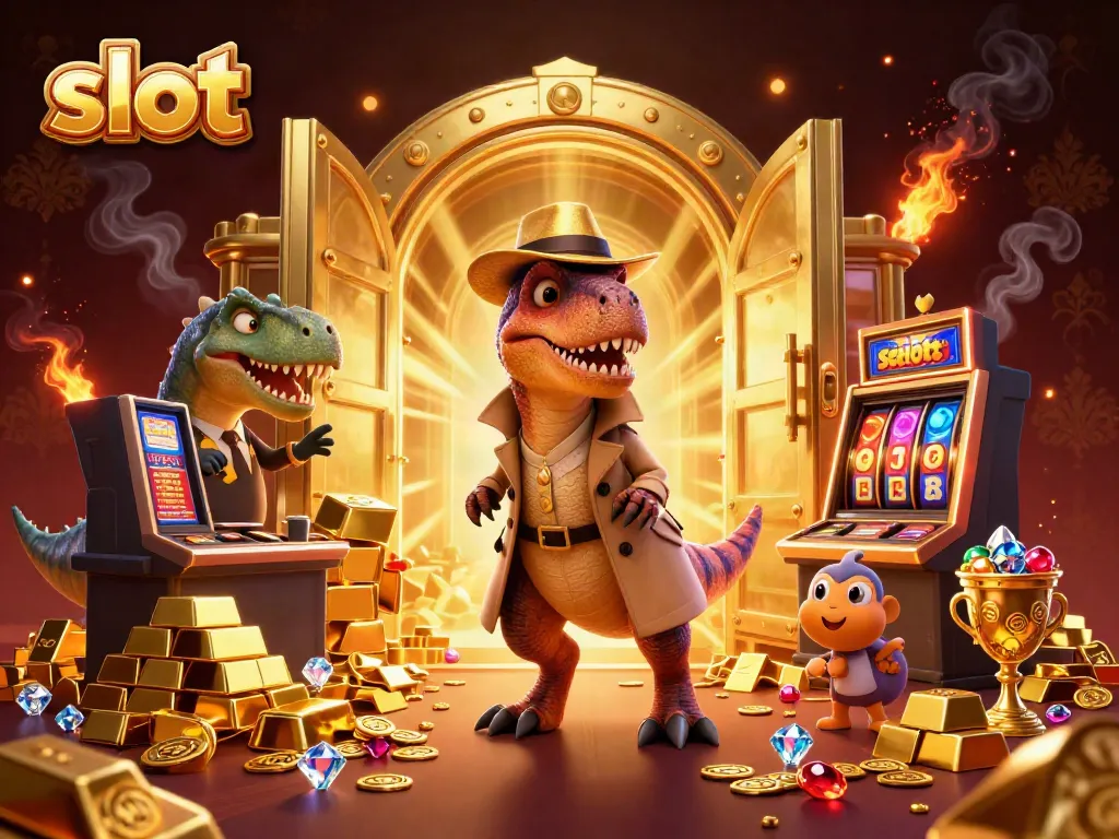 Slot machine action with a cartoon velociraptor and treasures, emphasizing exciting gameplay.