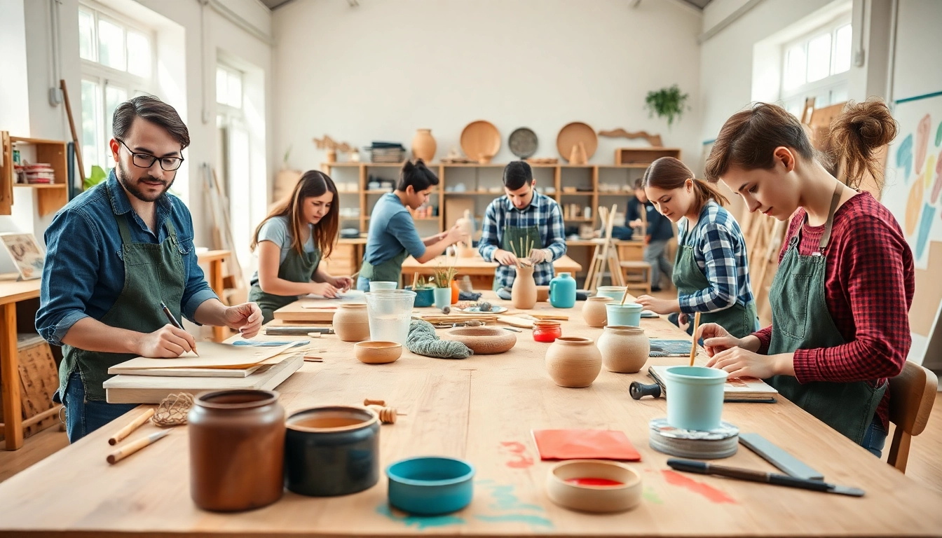 Engaged participants in craft training using tools and materials in a vibrant workshop.