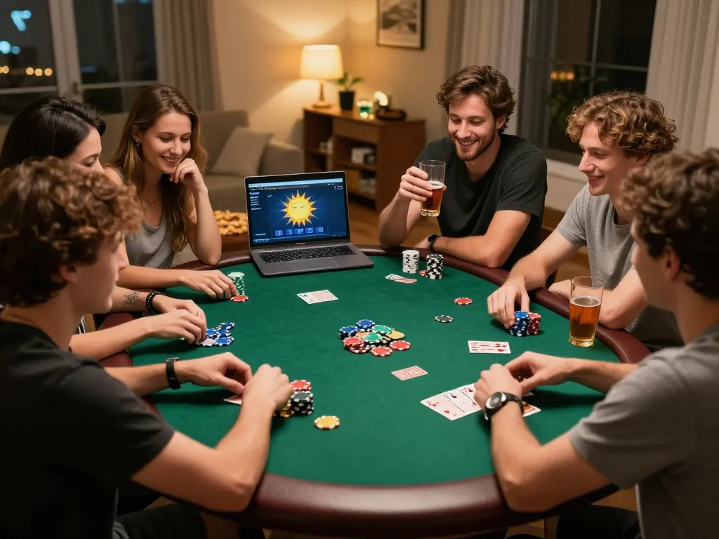 Players enjoying intense poker gameplay at home, featuring sunwinapk online interface amidst laughter and snacks.