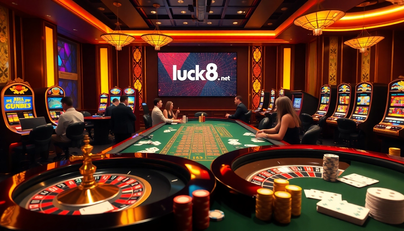 Một cảnh sòng bạc sống động với người chơi tại vòng roulette và bàn poker, bao gồm các yếu tố từ https://luck8.net để mang đến trải nghiệm hấp dẫn.