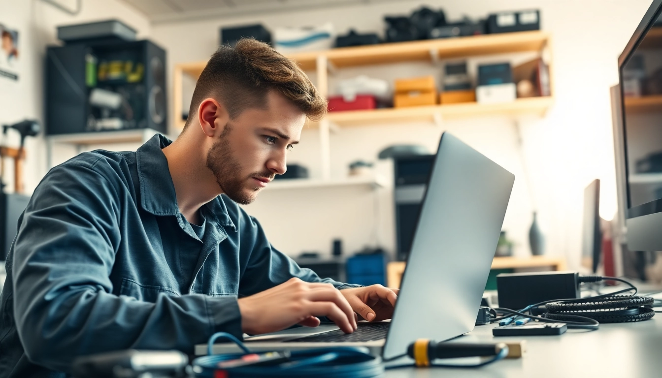 Technician performing computer repair on a laptop in a modern workspace with tools and equipment.